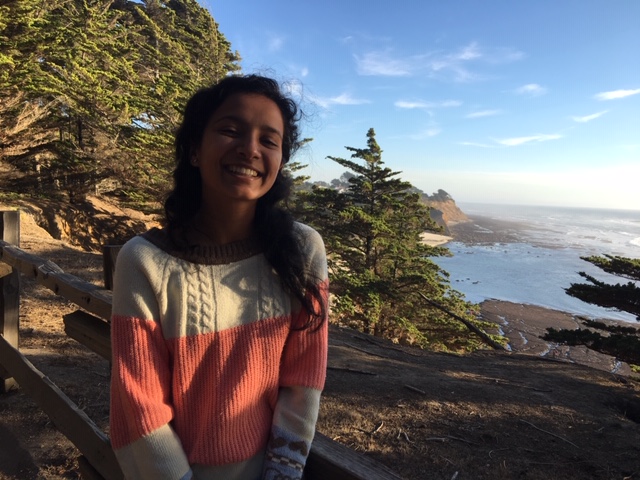 Aashaka, an Indian woman with curly black hair, standing near cliffs at a beach, wearing a pink white and brown block sweater.